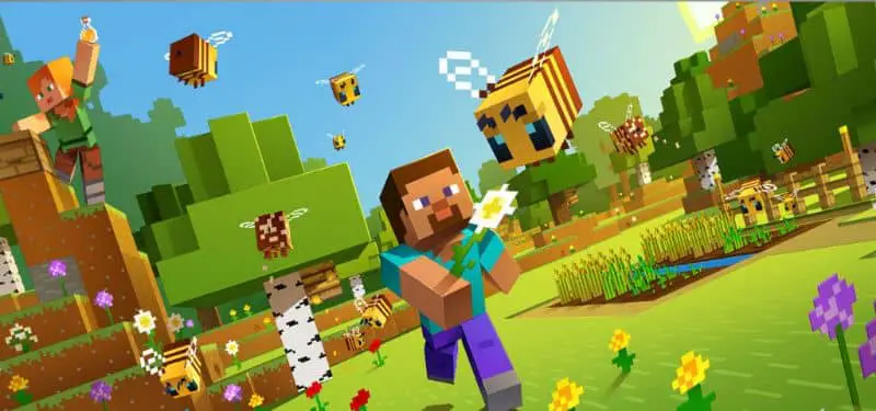 Uomo di Minecraft con carta da parati floreale