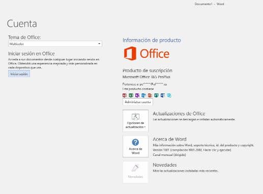 Finestra dell'account di Microsoft Office 365