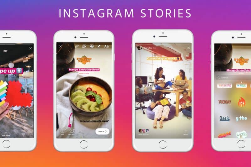 Diversi telefoni con sfondo colorato di Instagram Stories