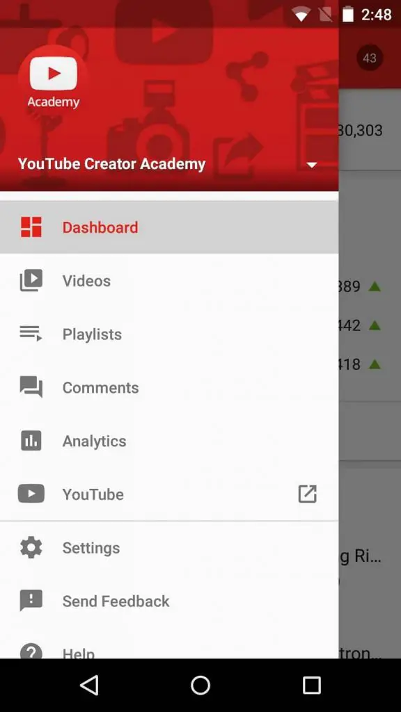 Menu principale dell'applicazione Youtube Studio