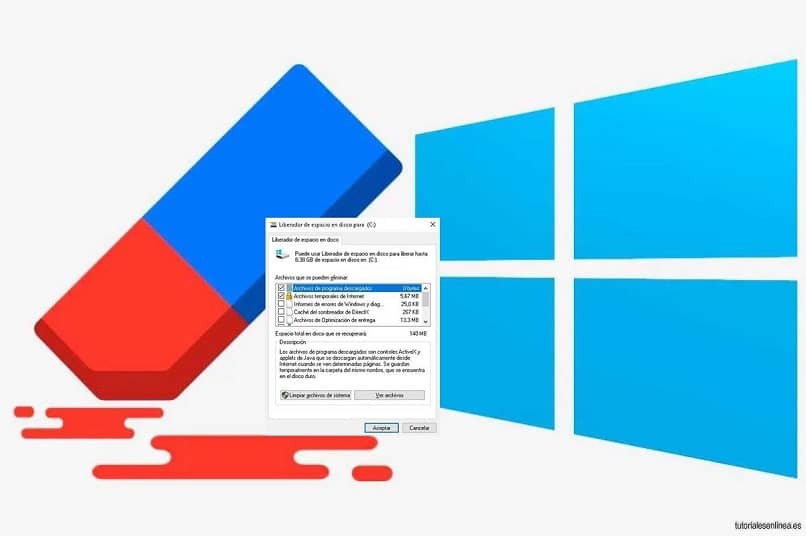 logo di Windows e una gomma con una finestra che indica l'eliminazione dei file temporanei
