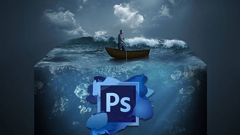 uomo in barca che naviga nelle acque e sullo sfondo il logo di photoshop
