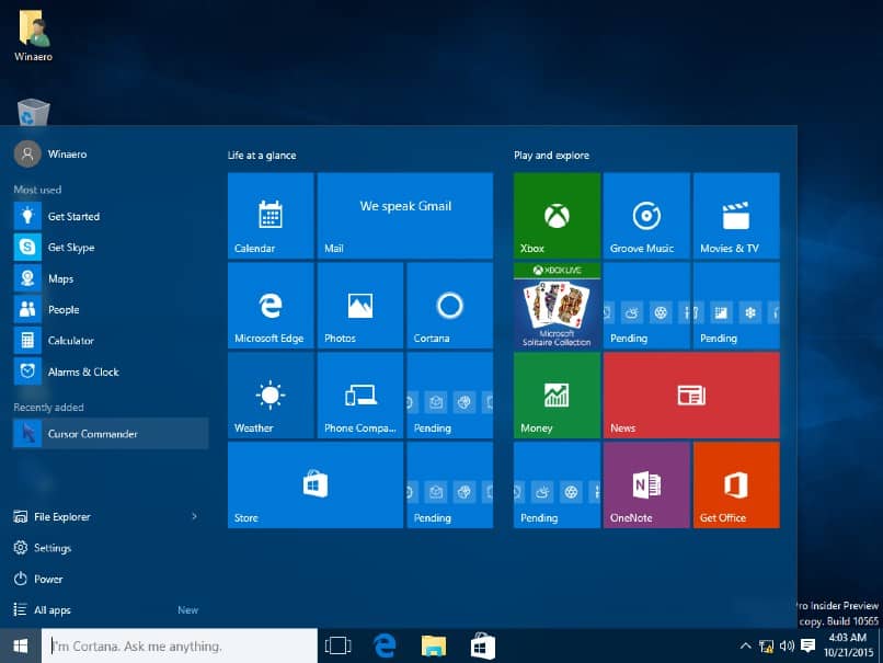 Esempio di menu di Windows 10