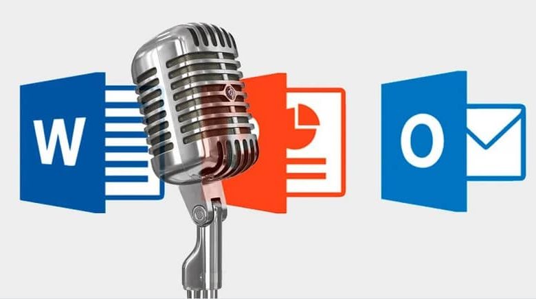 Un microfono, icone di Word e Outlook