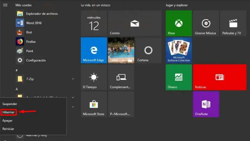 Schermata del menu di Windows 10