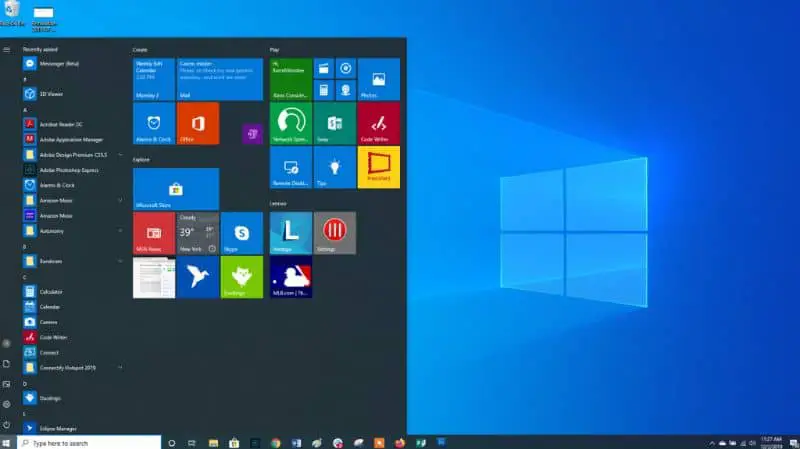Schermata del menu di Windows 10