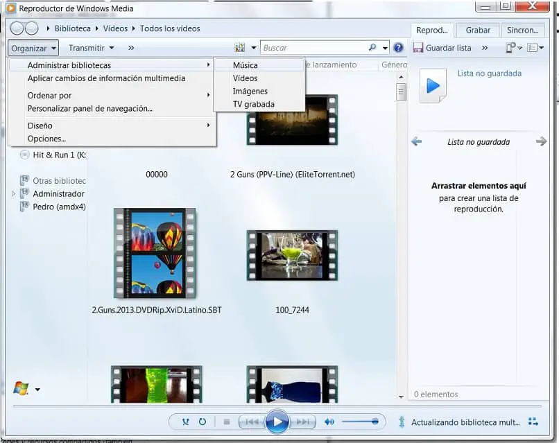 Windows Media Player nell'opzione Gestisci libreria