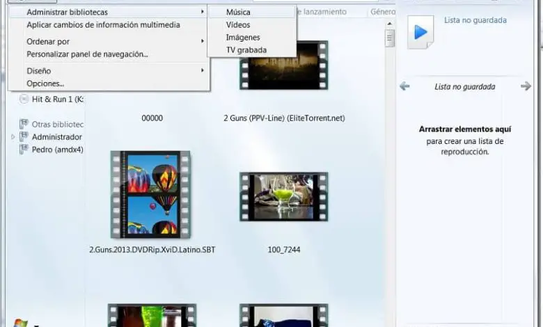 Windows Media Player nell'opzione Gestisci libreria