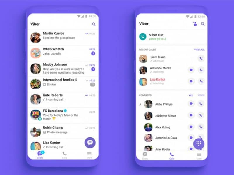 Mobile con messaggi dell'app Viber in sfondo lilla