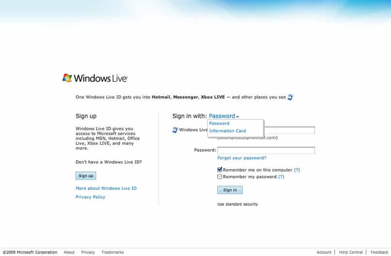crea un account Windows Live ID password login