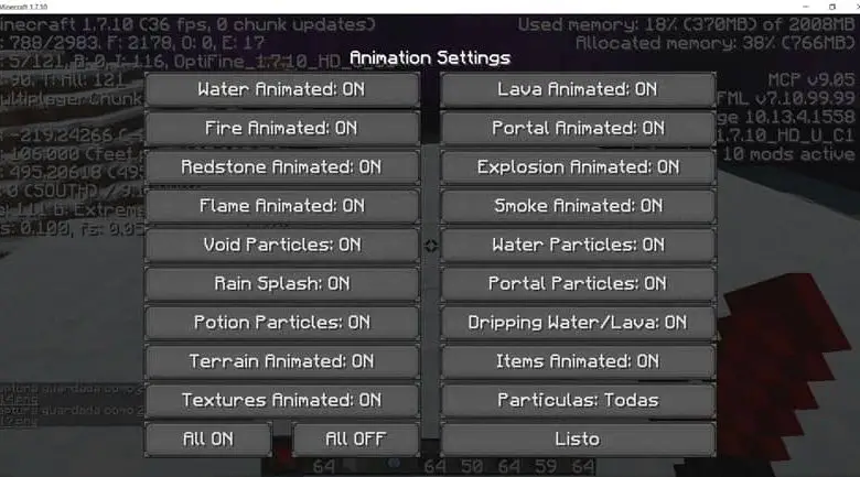 opzioni di animazione minecraft