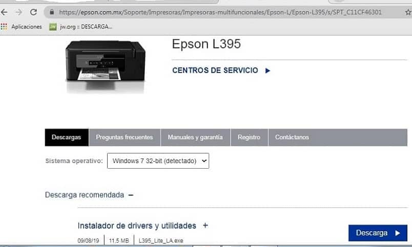 Finestra del sito Web ufficiale Epson per scaricare il driver della stampante
