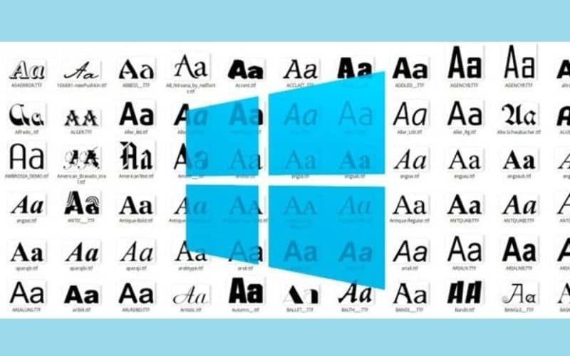 diversi tipi di caratteri in background e logo di Windows 10