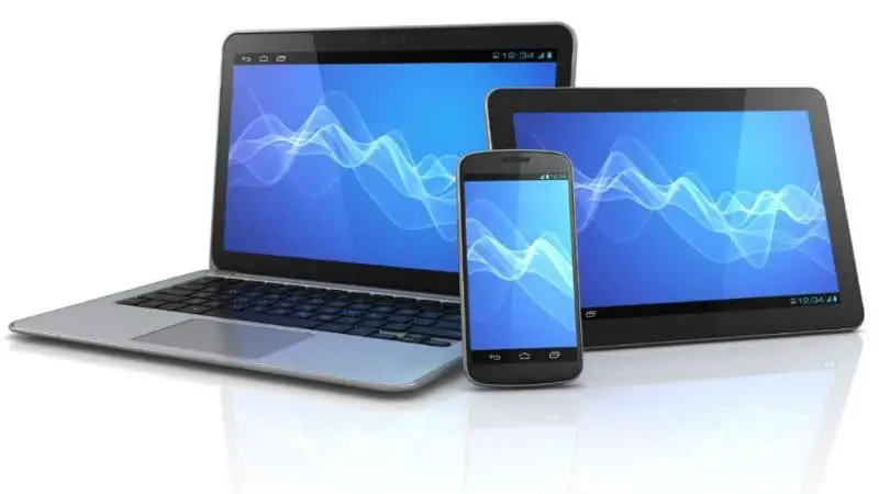 laptop, tablet e schermo mobile sfondo blu sfondo bianco 