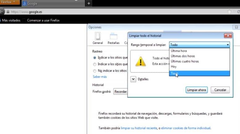 cancella tutta la cronologia google mozilla firefox