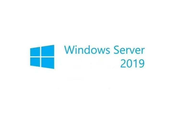 logo sfondo bianco con lettere blu di windows sever 2019