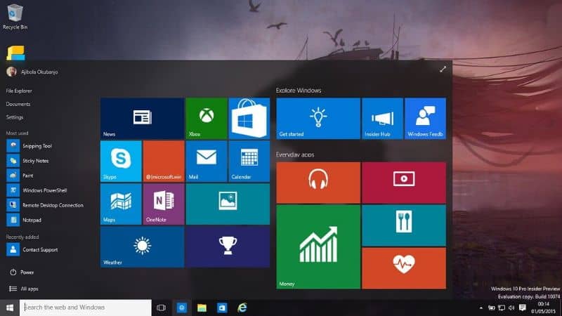 Menu Start e sfondo di Windows 10