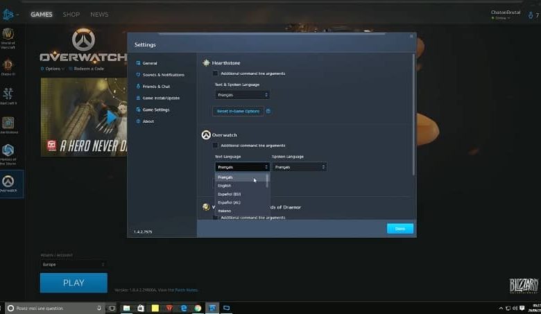 impostazioni della lingua nell'app desktop overwatch