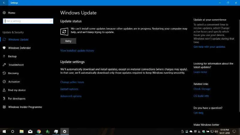 schermata nera delle impostazioni nell'aggiornamento di Windows
