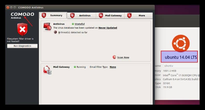 schermata principale dell'antivirus comodo in ubuntu 14 04 lts