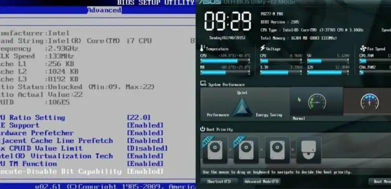 schermata BIOS grigia a sinistra e schermata UEFI