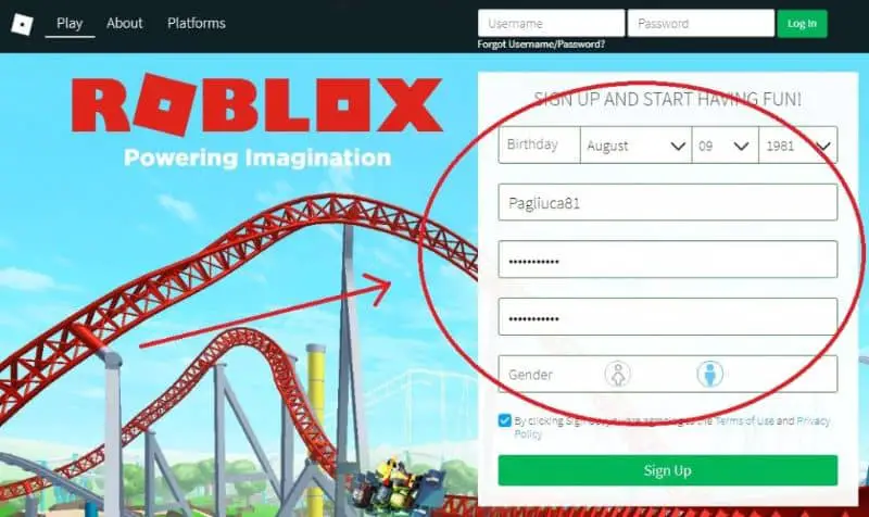 schermata di registrazione roblox sul sito ufficiale