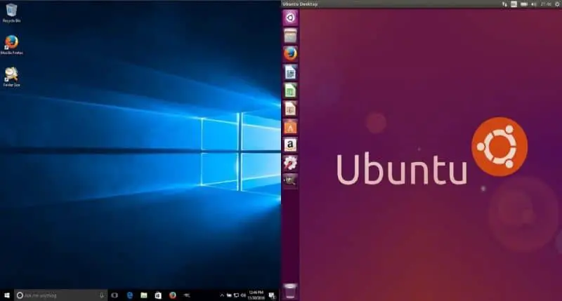 schermo diviso con Windows 10 a sinistra e Ubuntu a destra