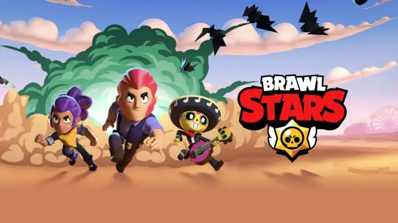 Personaggi di Brawl Stars che corrono nel deserto con esplosione di sfondo e logo