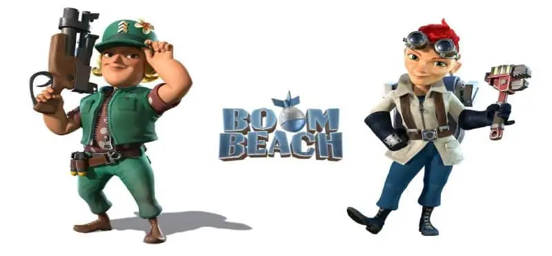 due personaggi di boom beach e il logo del gioco al centro