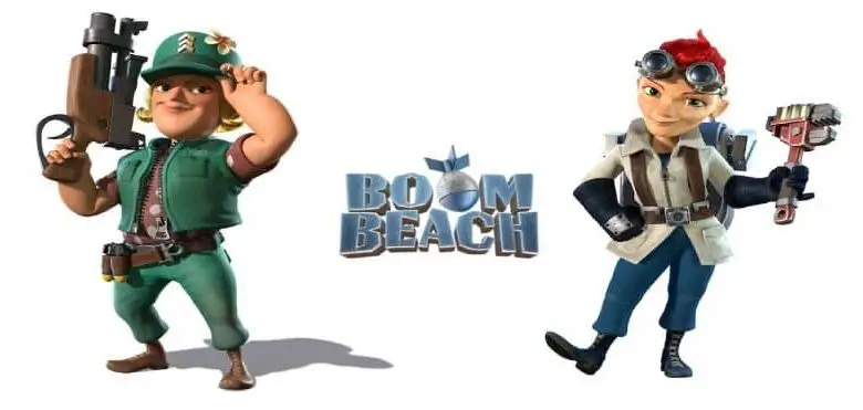 due personaggi di boom beach e il logo del gioco al centro
