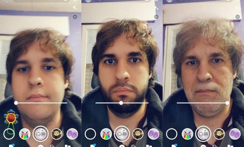 filtri snapchat di vecchio e ragazzo sul viso dell'uomo