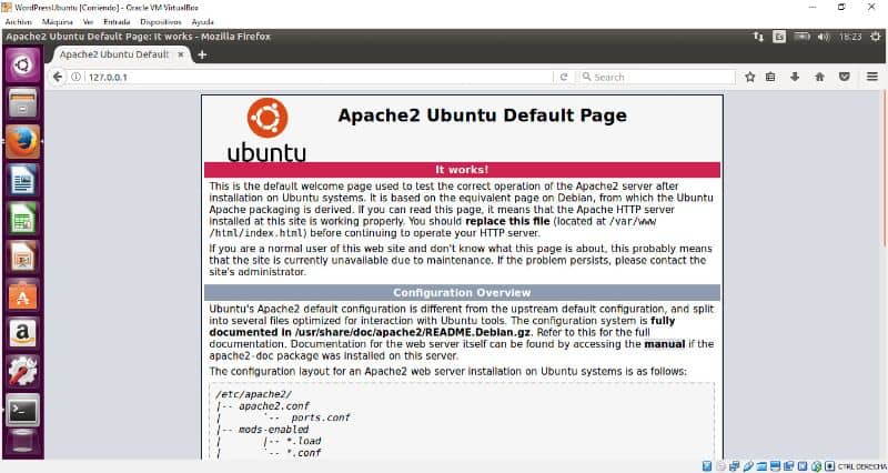 finestra di apache aperta in Ubuntu e programmi a sinistra