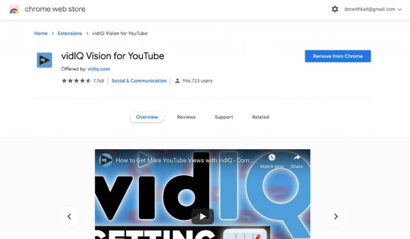 VidIQ Vision per YouTube sul Chrome Web Store 
