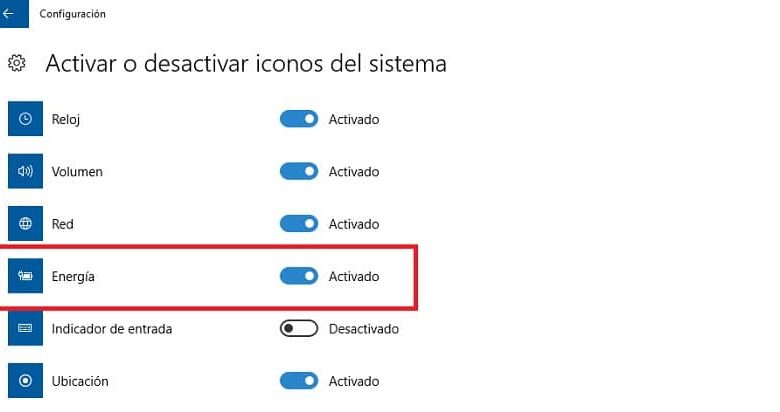 attiva l'icona della batteria nelle impostazioni di Windows 10